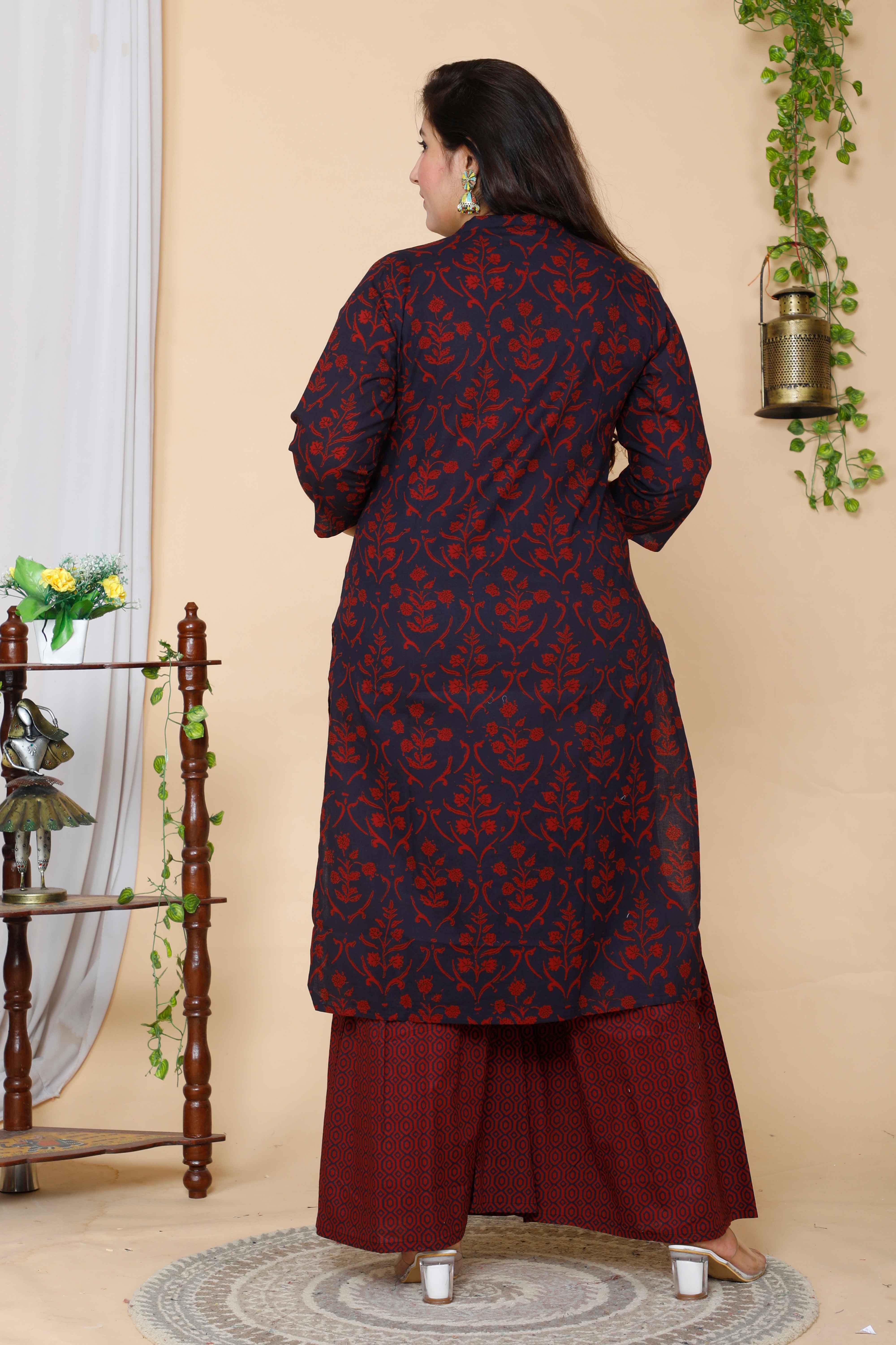 Maroon Floral Printed Cotton Kurta with Sharara and Dupatta Set